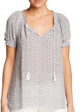 Joie silk neutral colorway printed tassle peasant blouse